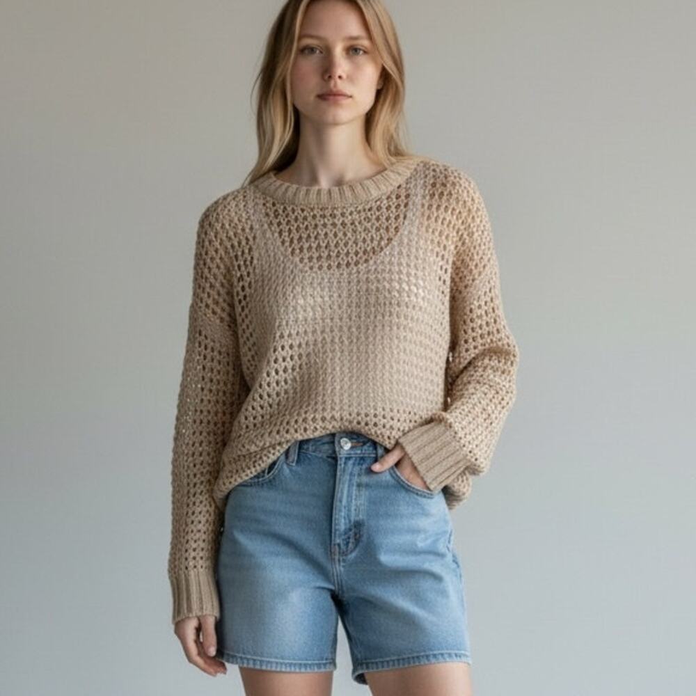 Wooden Ships Chunky Open Knit Sweater Women's Sz XS Beige Relaxed Fit Beachy